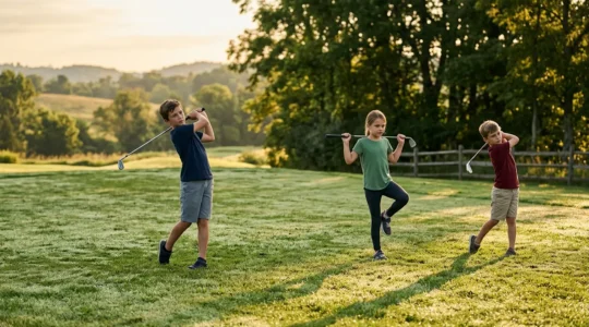 Young athletes practicing golf swings in natural outdoor setting with focus on movement and coordination