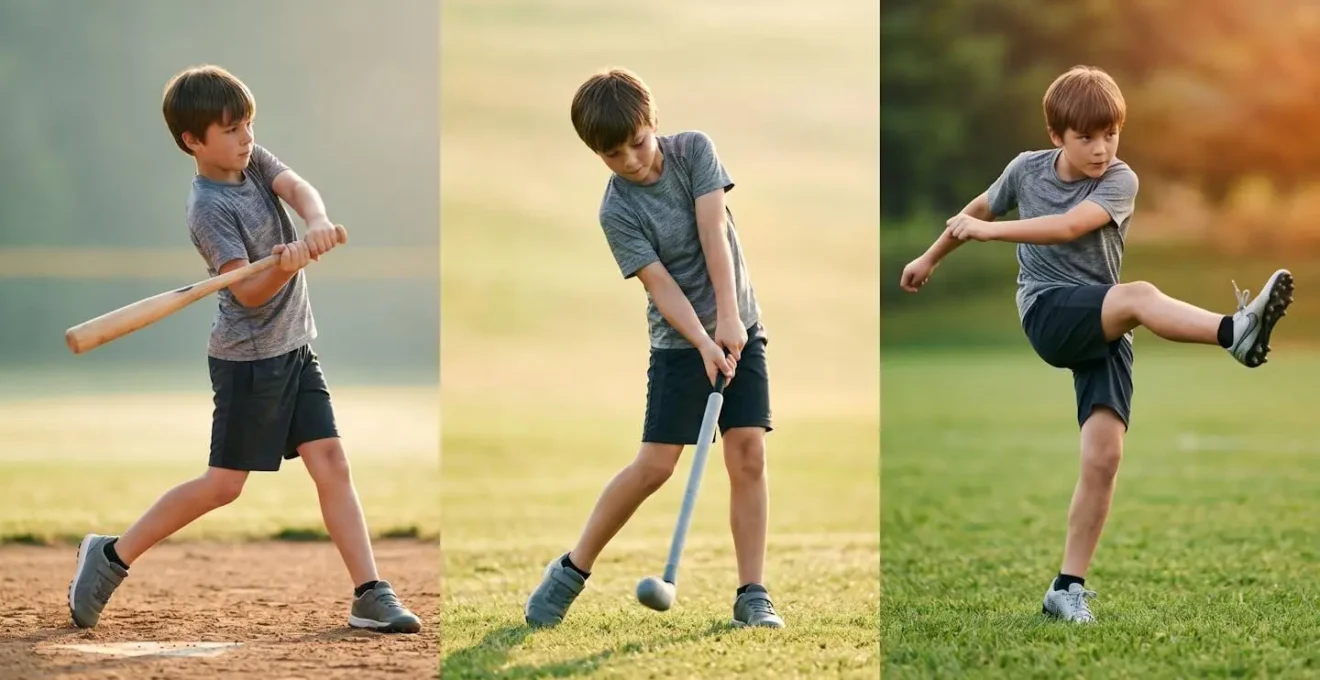 Collage showing the same child performing rotational movements in different sports