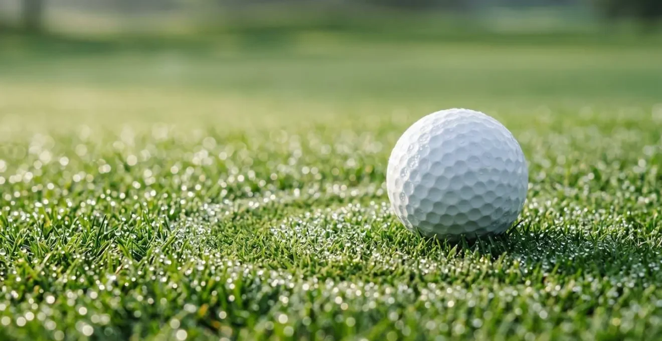 Close-up macro shot of golf ball on green with subtle circular shadow pattern indicating landing target zone