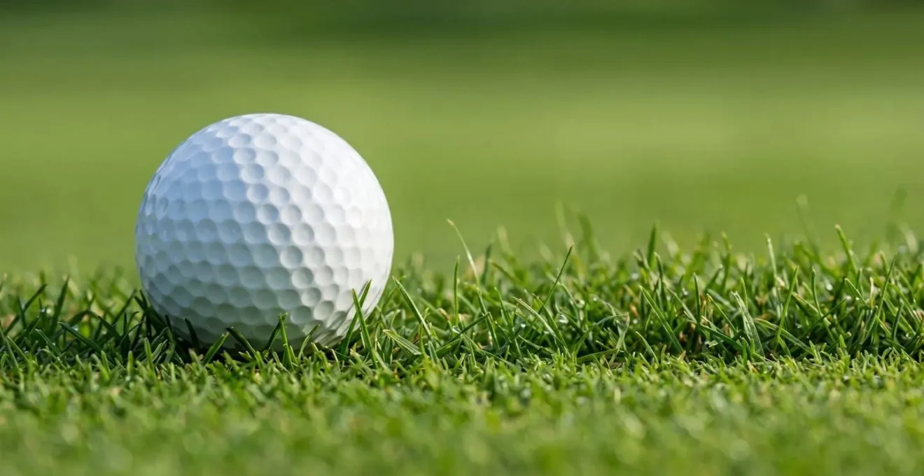 Macro view of golf ball near green showing grass texture transition