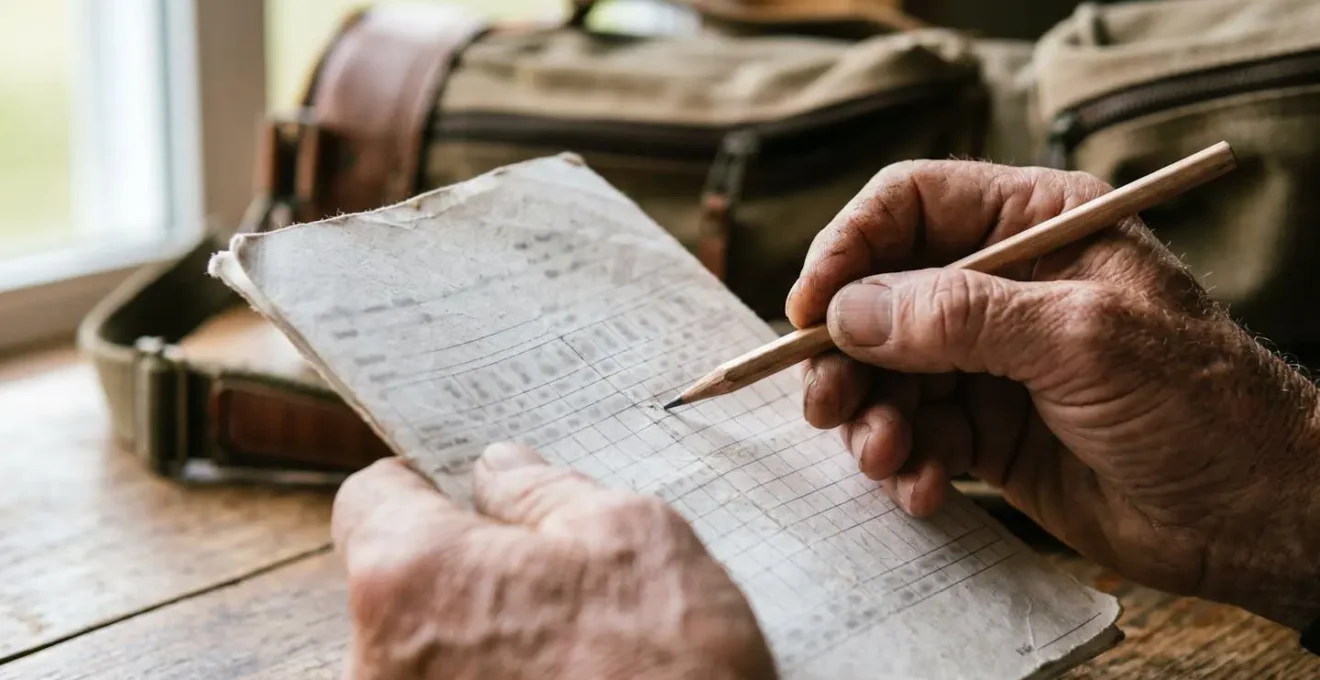 Extreme close-up of hands analyzing golf scorecard with focus on numbers and patterns