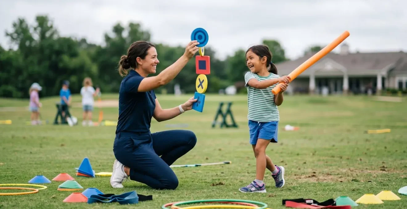 Golf instructor using game-based teaching method with young student