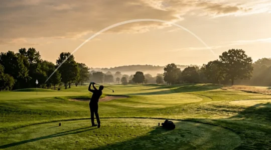 Professional golfer demonstrating a controlled draw shot to attack a left pin position on a championship golf course