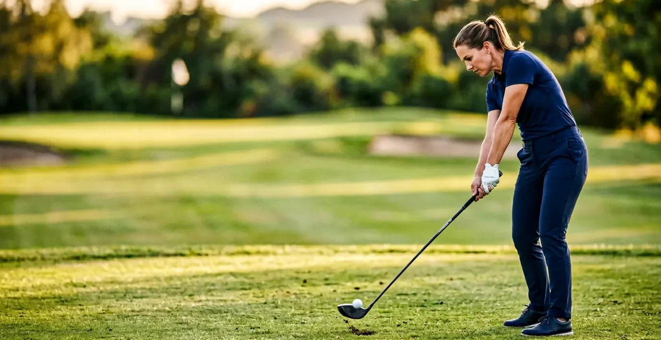 Professional golfer executing a controlled draw shot with precise body alignment and club path, targeting a left pin position