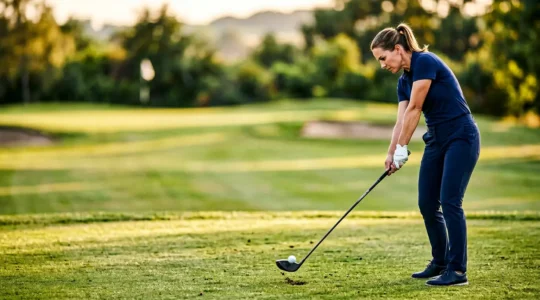 Professional golfer executing a controlled draw shot with precise body alignment and club path, targeting a left pin position