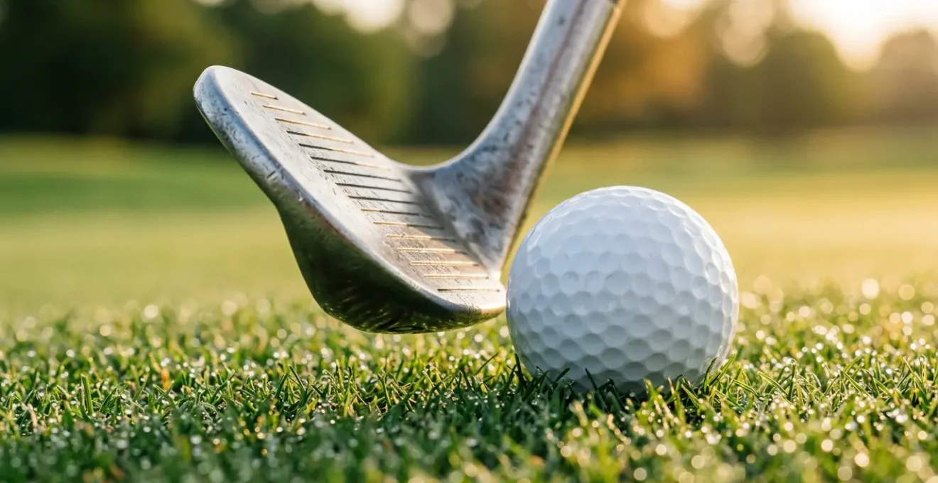 Close-up view of a golf wedge making clean contact with ball on perfectly manicured green grass