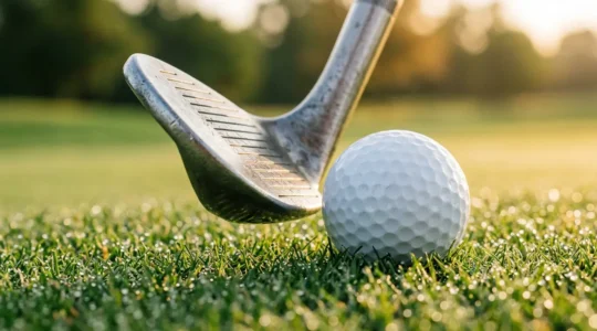 Close-up view of a golf wedge making clean contact with ball on perfectly manicured green grass