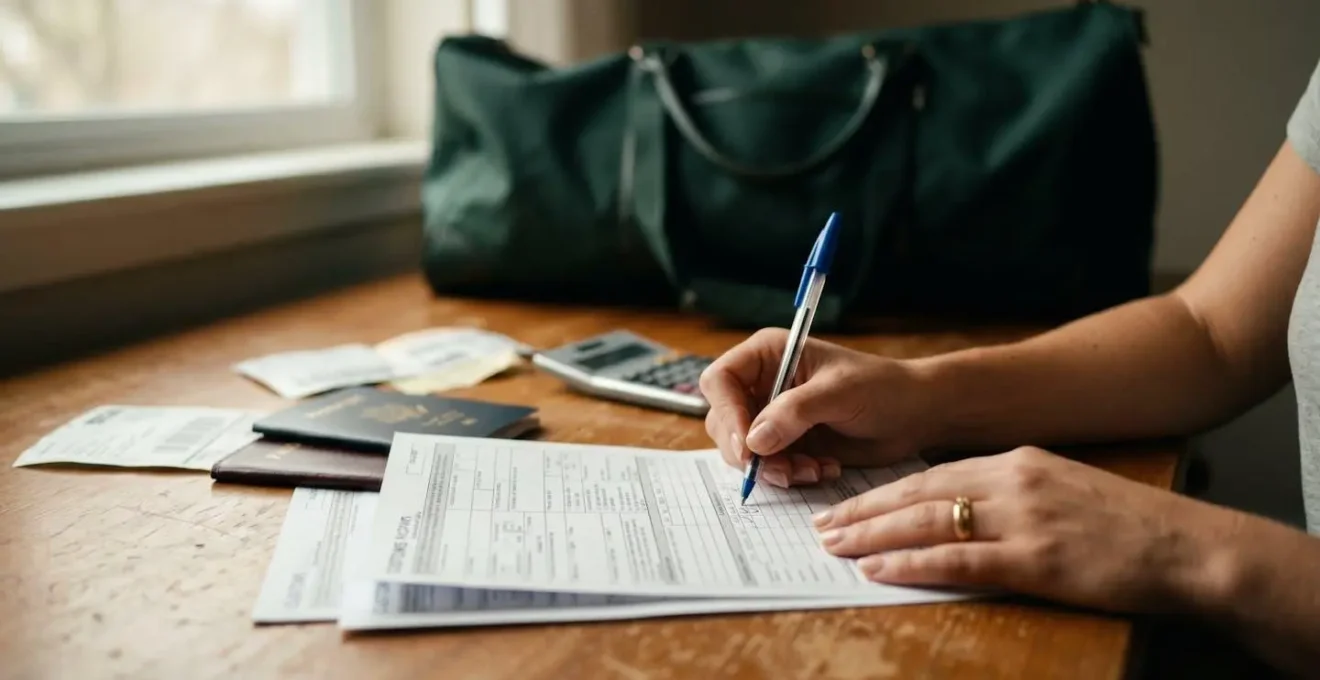 Hands filling out international shipping customs forms with golf bag in soft focus background