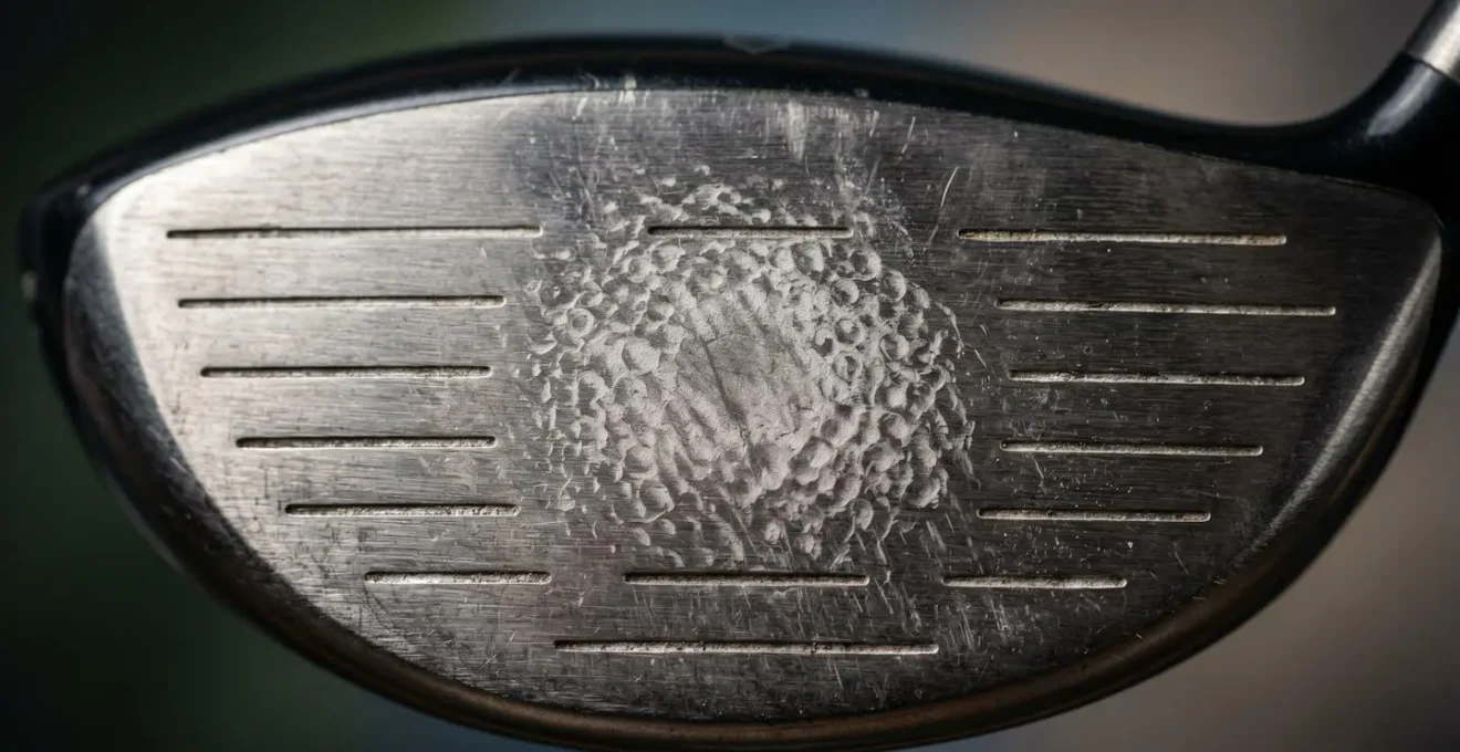 Close-up macro view of golf driver face showing impact pattern marks from foot spray testing