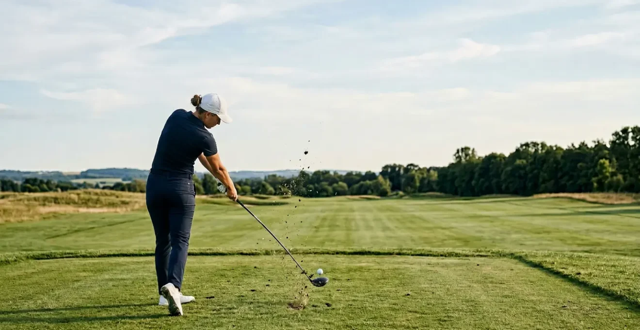 Golfer executing powerful driver swing with upward angle of attack on tee box