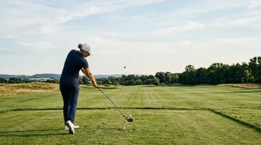 Golfer executing powerful driver swing with upward angle of attack on tee box