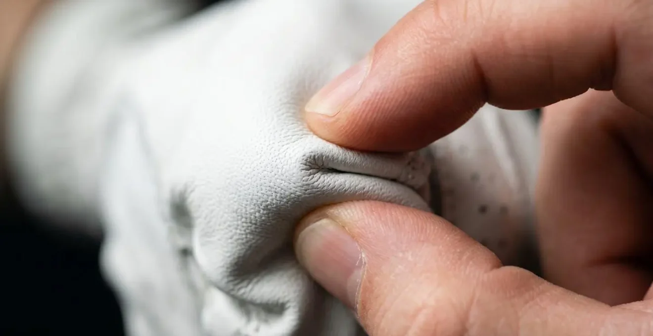 Macro close-up of golf glove material being tested for proper fit with pinch technique