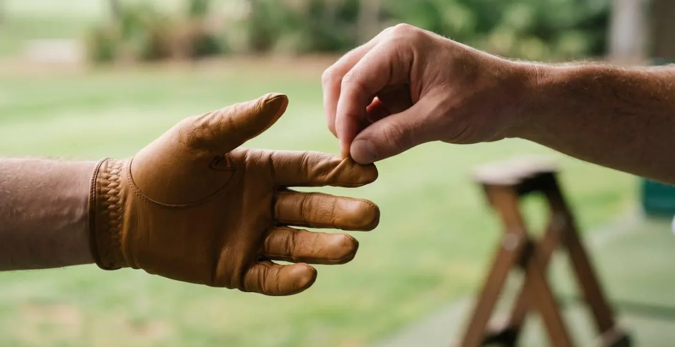 Hand performing the pinch test on a golf glove showing proper material tension