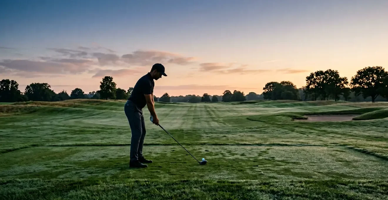 Professional golfer preparing for early morning tee time with sunrise lighting