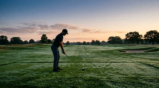 Professional golfer preparing for early morning tee time with sunrise lighting