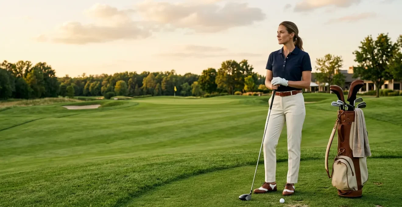 Elegant golf attire displayed on course with classic accessories and budget-conscious styling elements