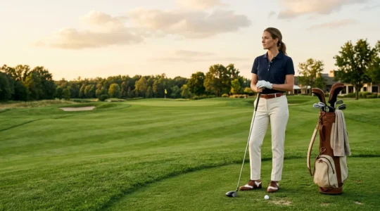 Elegant golf attire displayed on course with classic accessories and budget-conscious styling elements
