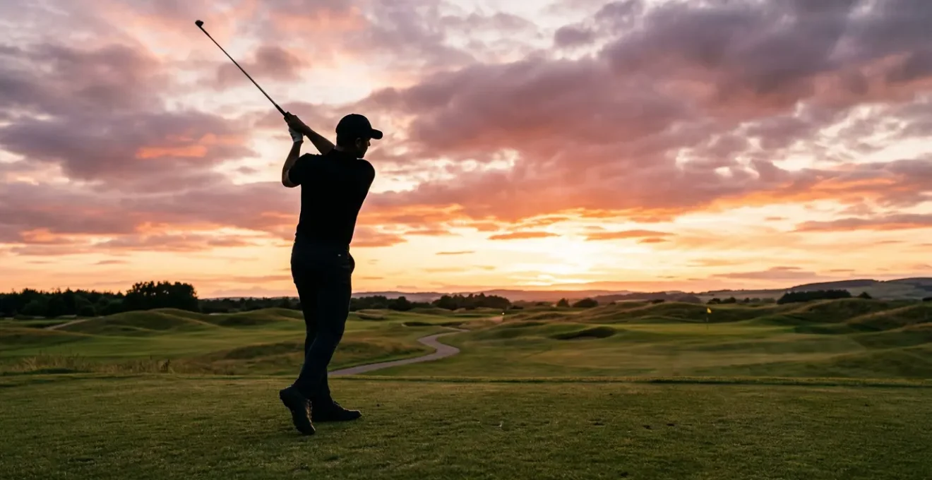 Golfer in elegant attire at sunset with course landscape