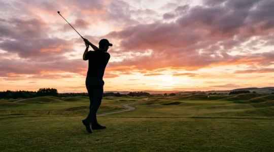 Golfer in elegant attire at sunset with course landscape