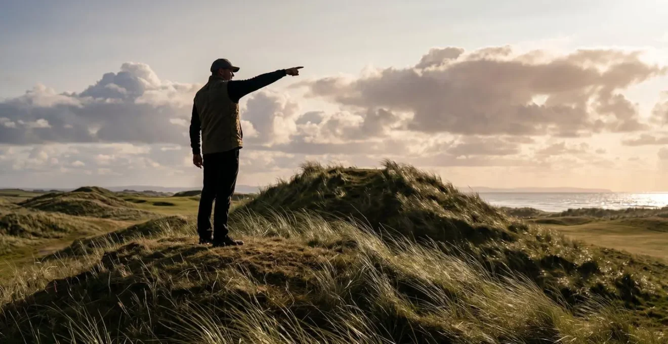 Forecaddie gesturing toward hidden landing area on blind golf hole with rolling terrain