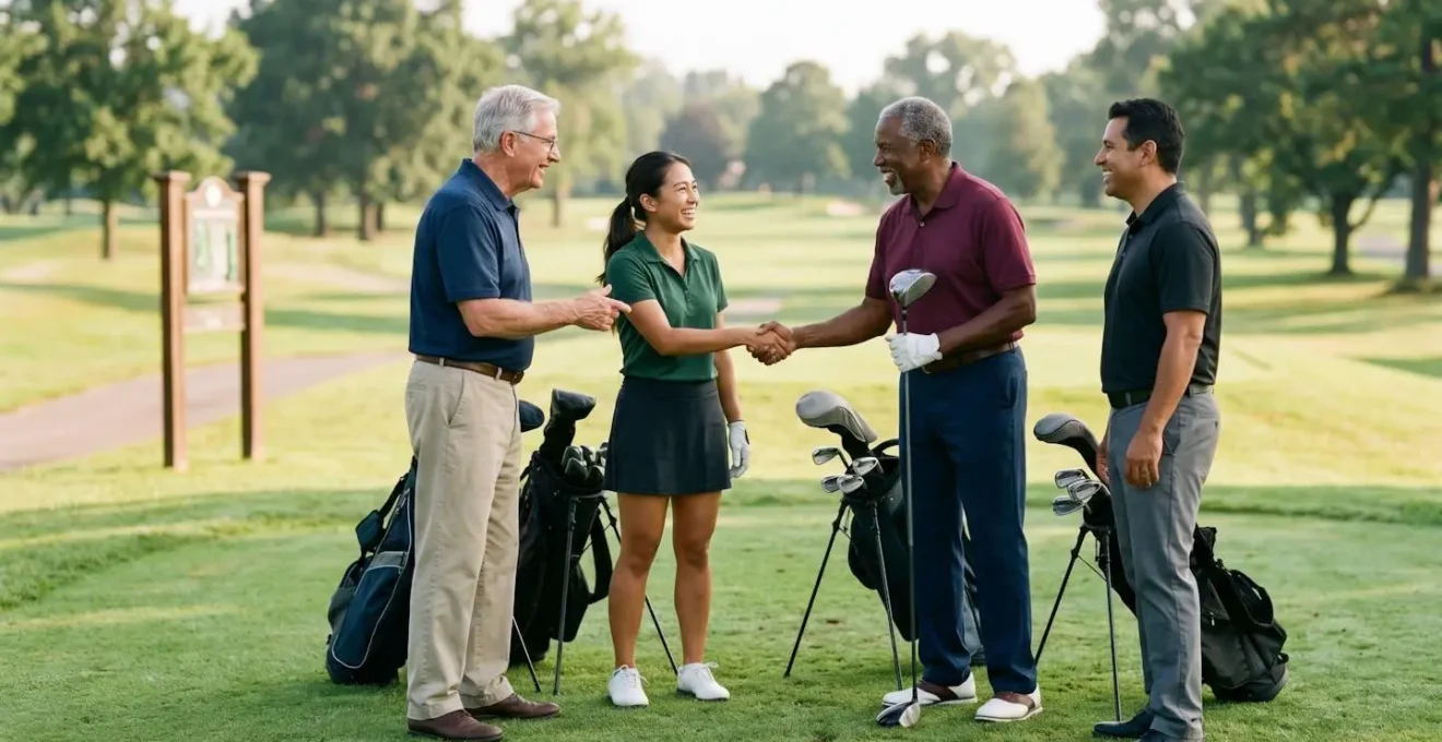 Golfers exchanging friendly handshakes and introductions at the first tee of a public course