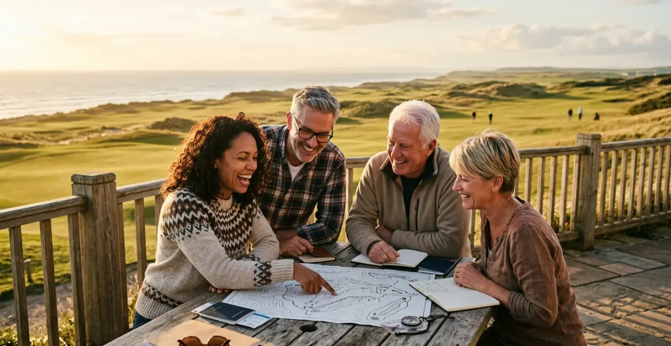 Group of friends reviewing maps and plans with golf course vista at golden hour
