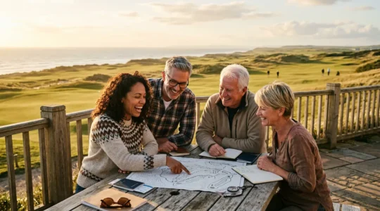 Group of friends reviewing maps and plans with golf course vista at golden hour