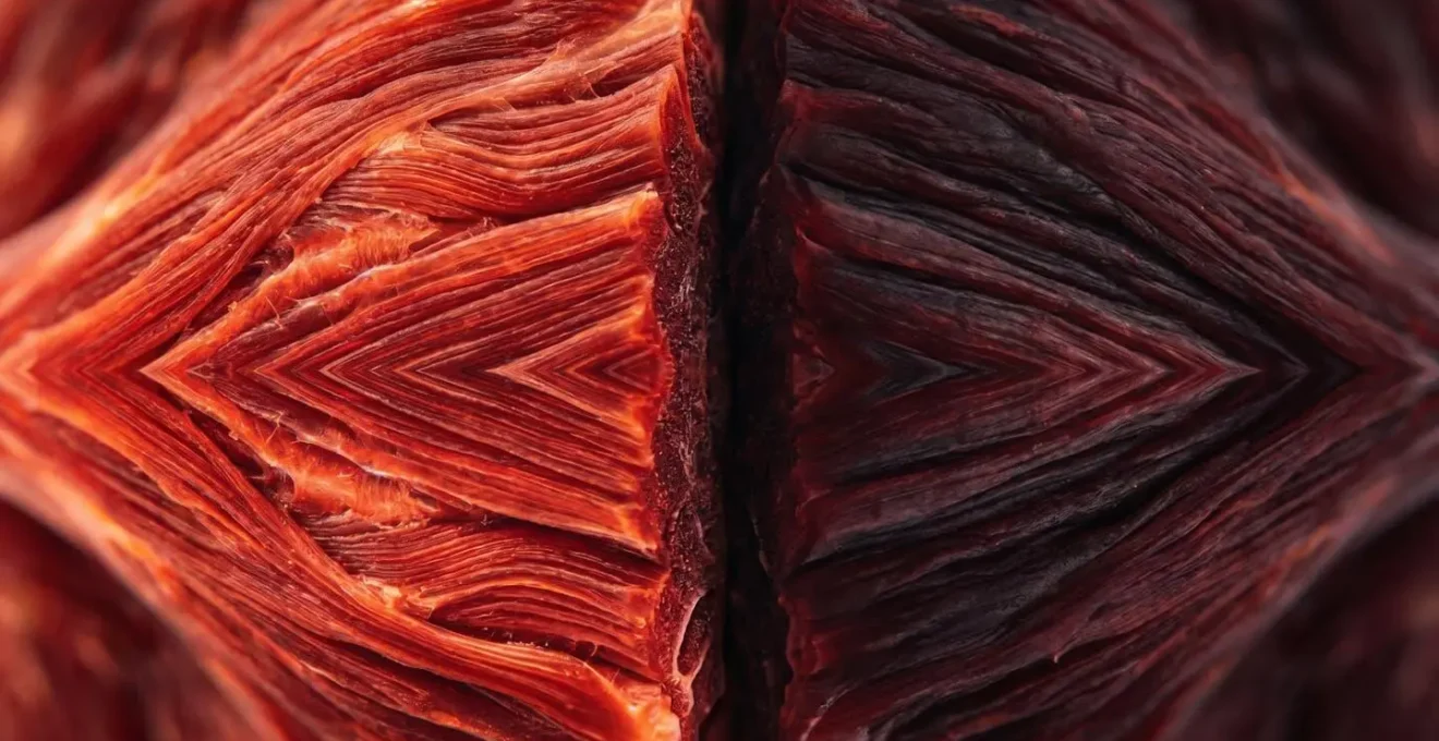 Macro shot of muscle fibers showing energy depletion effects