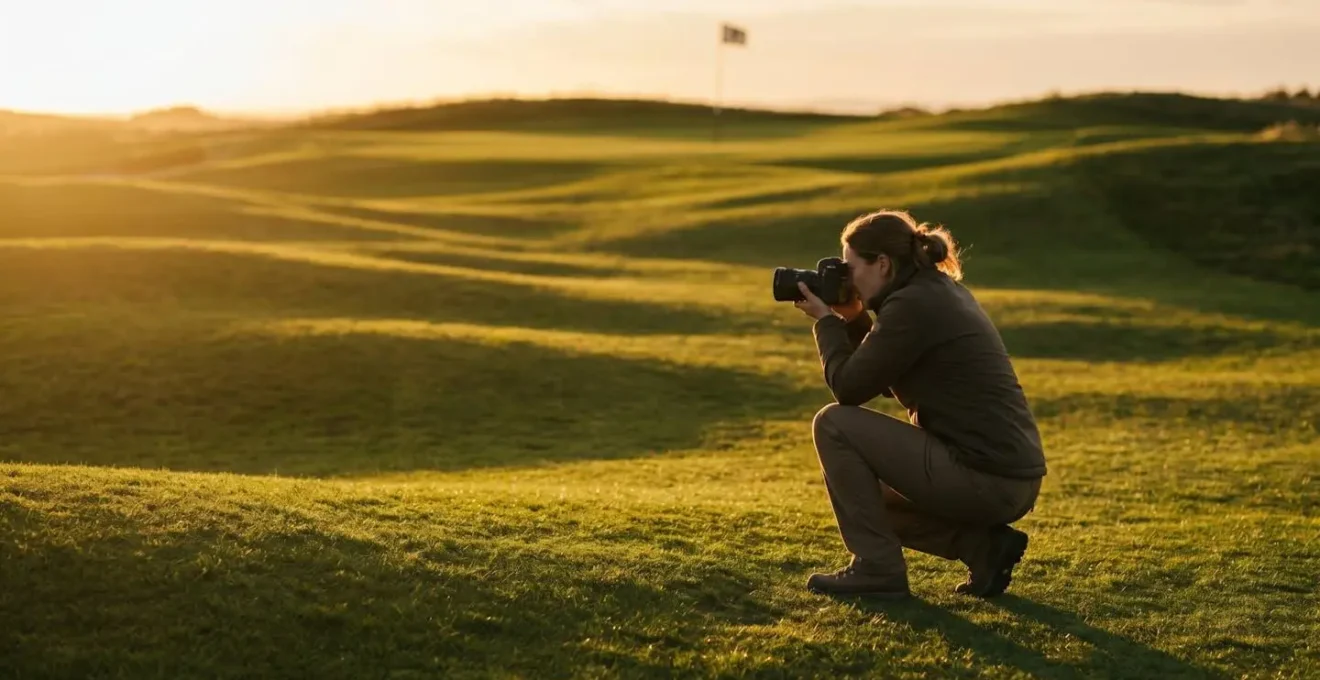 Professional photographer capturing a golf course during golden hour with dramatic lighting