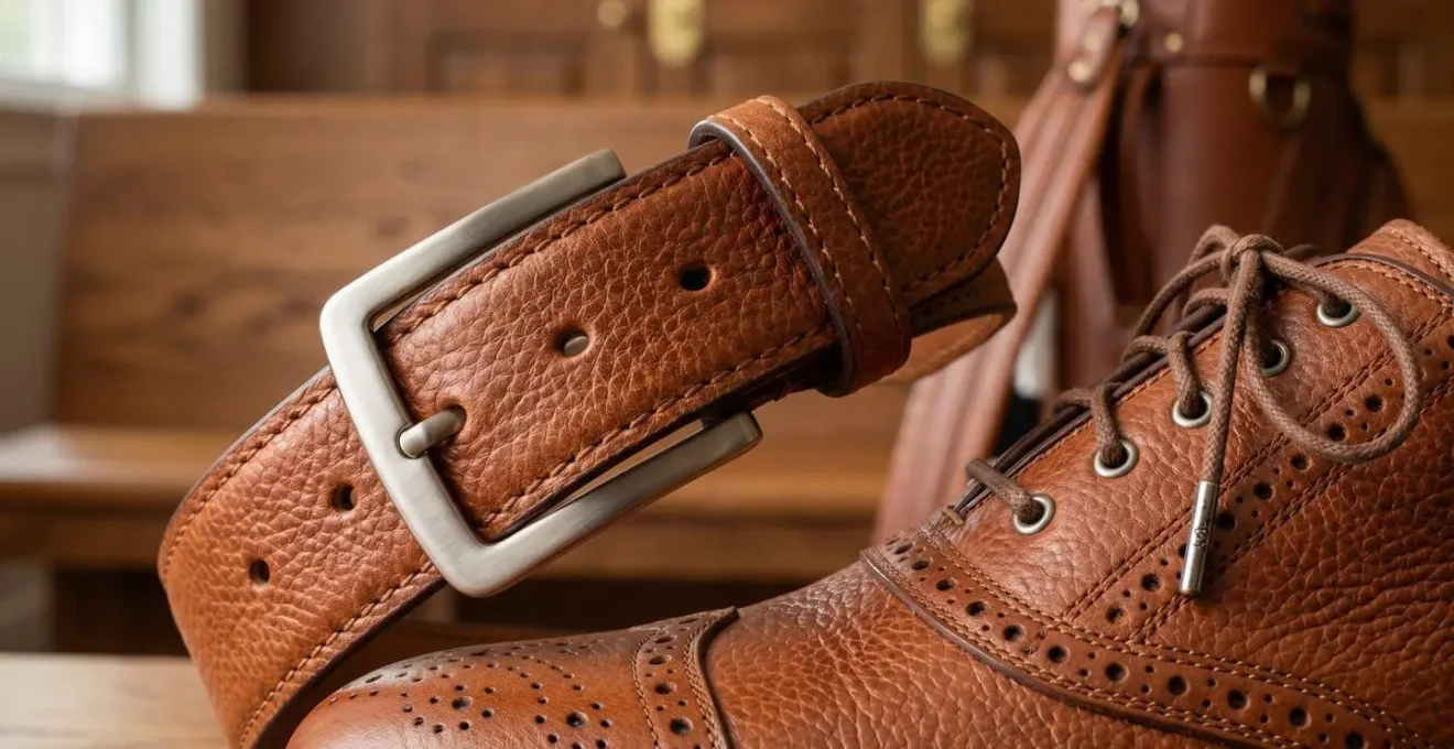 Close-up of coordinated golf belt and shoes showing texture detail