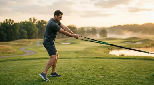 Golfer demonstrating explosive power training with resistance bands on golf course