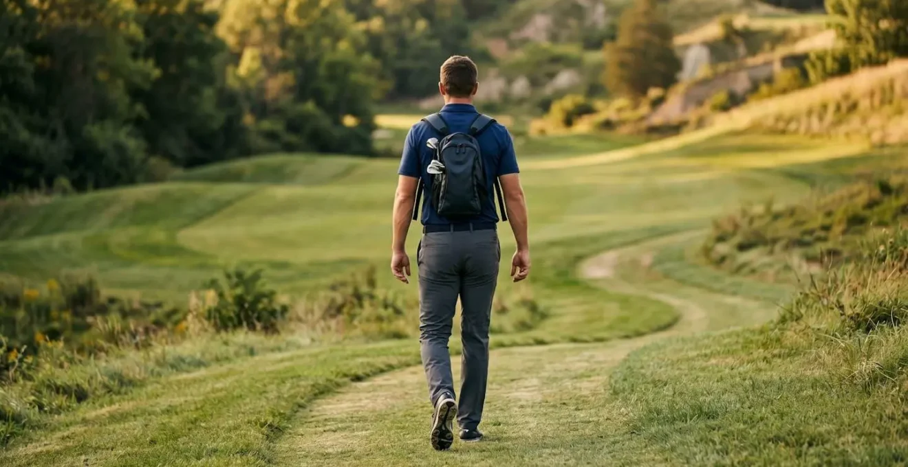 Golfer viewed from behind, walking with a properly positioned backpack-style golf bag, demonstrating good posture.