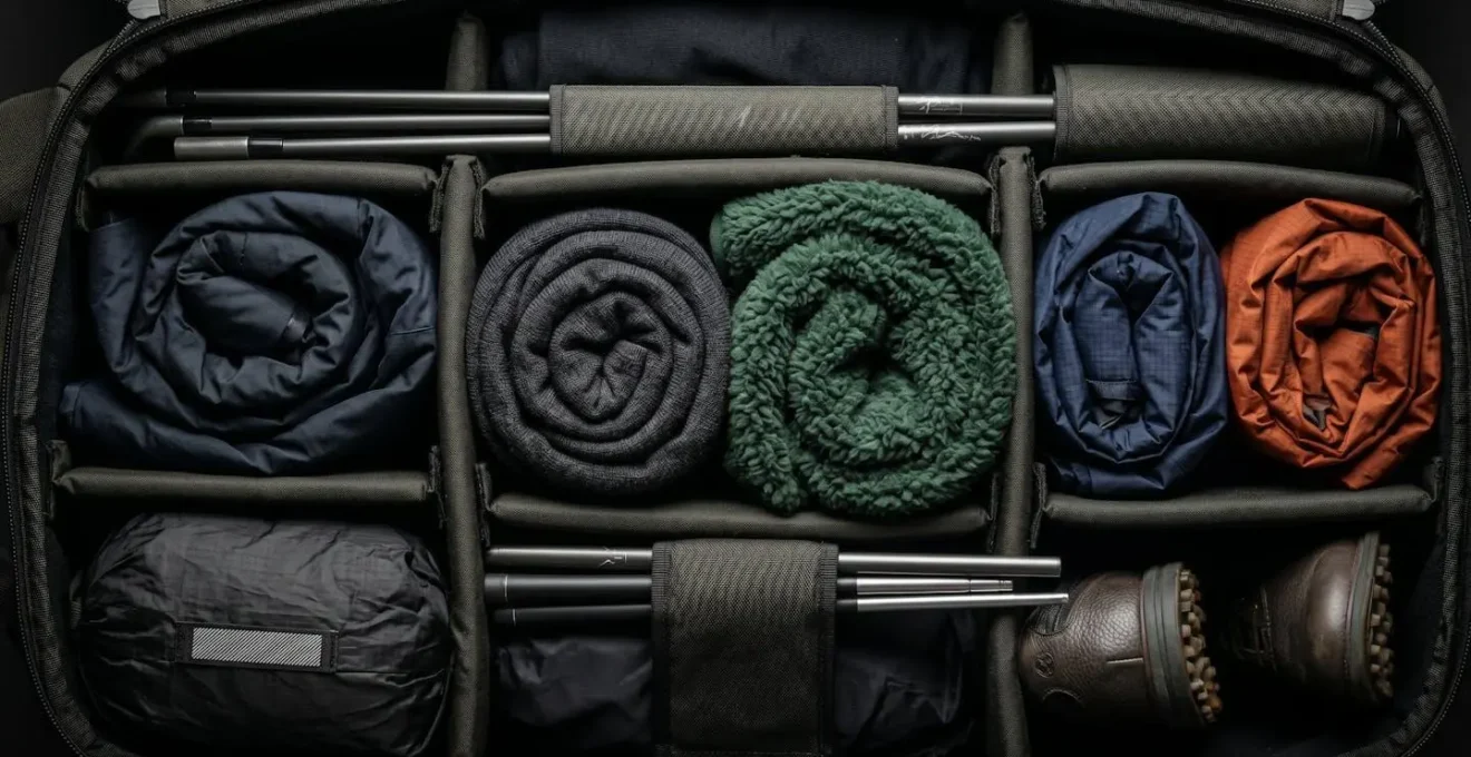 Cross-section view of an open golf travel bag showing strategic packing with layered clothing and golf equipment