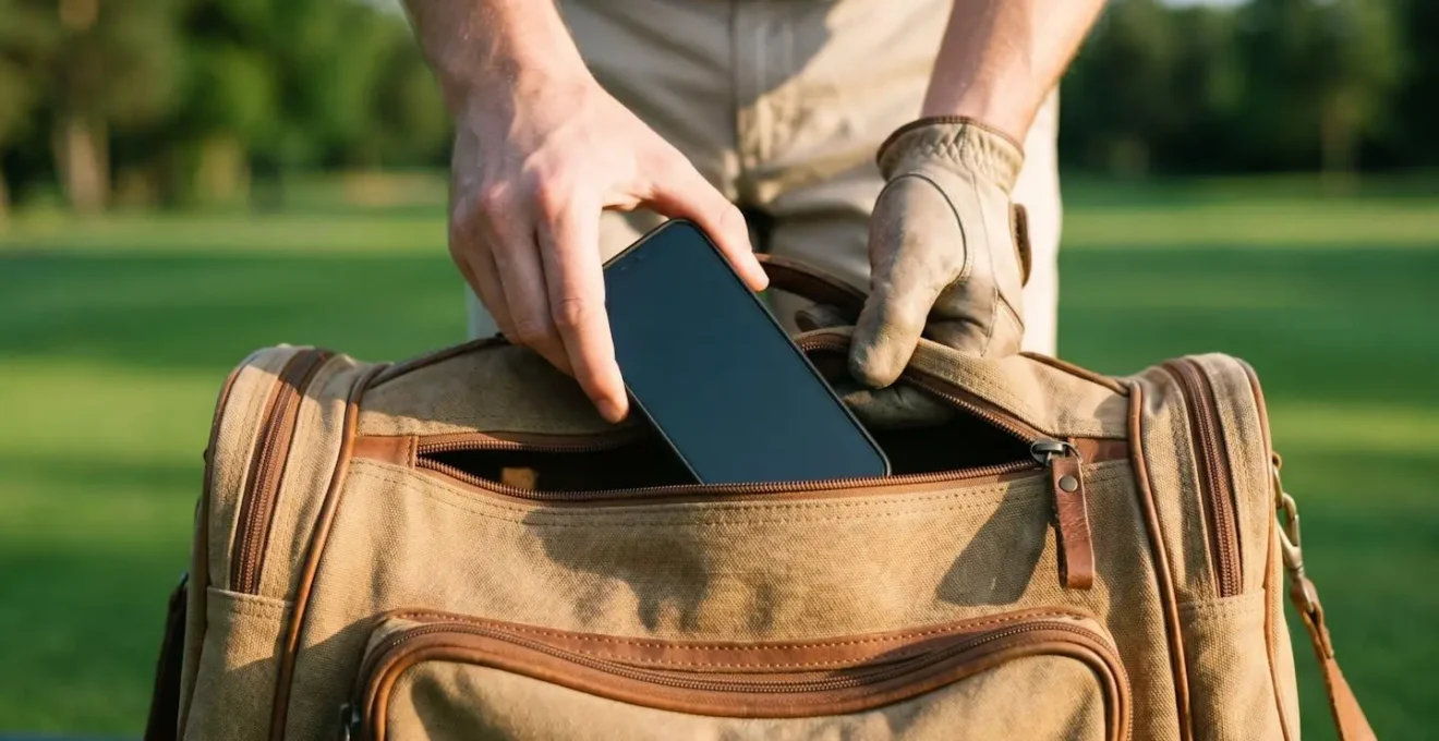 Close-up of hands placing a phone into a golf bag pocket with a natural course background, symbolizing a digital detox.