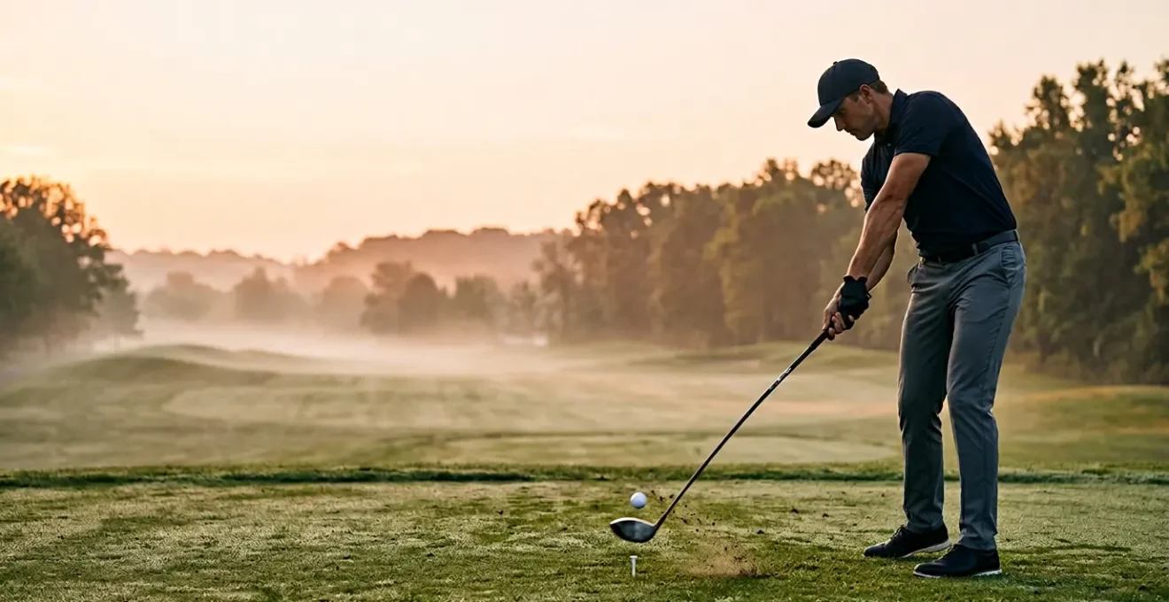 Golfer at impact position with driver showing ball compression dynamics and energy transfer