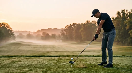 Golfer at impact position with driver showing ball compression dynamics and energy transfer