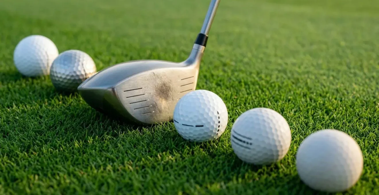 Professional golf equipment setup showing driver and various compression golf balls arranged for optimal performance matching