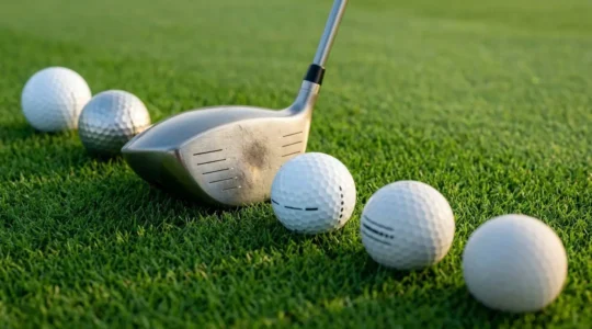 Professional golf equipment setup showing driver and various compression golf balls arranged for optimal performance matching