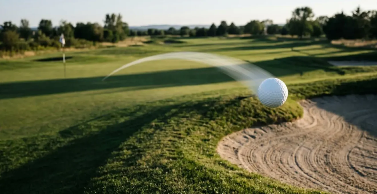 Symbolic representation of golf ball curving draw trajectory with start line and target creating corridor