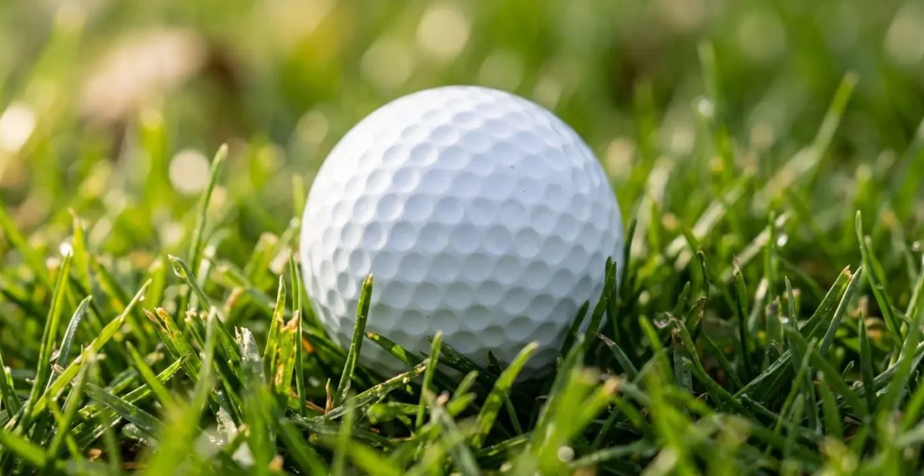 Extreme close-up macro photograph of golf ball dimples and grass blades showing fine textural detail