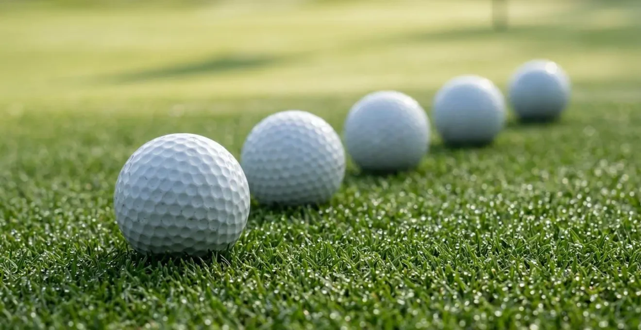 Close-up view of multiple golf balls positioned at different distances on a chipping green showing rollout distances