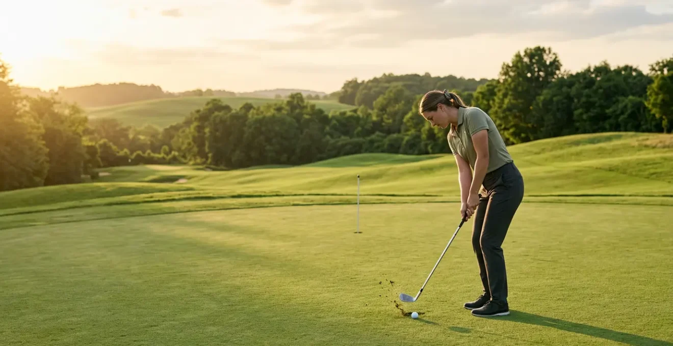 Professional golfer demonstrating proper chipping technique on practice green with focus on clean ball contact