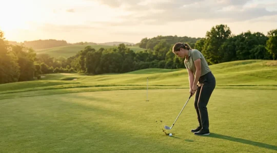 Professional golfer demonstrating proper chipping technique on practice green with focus on clean ball contact