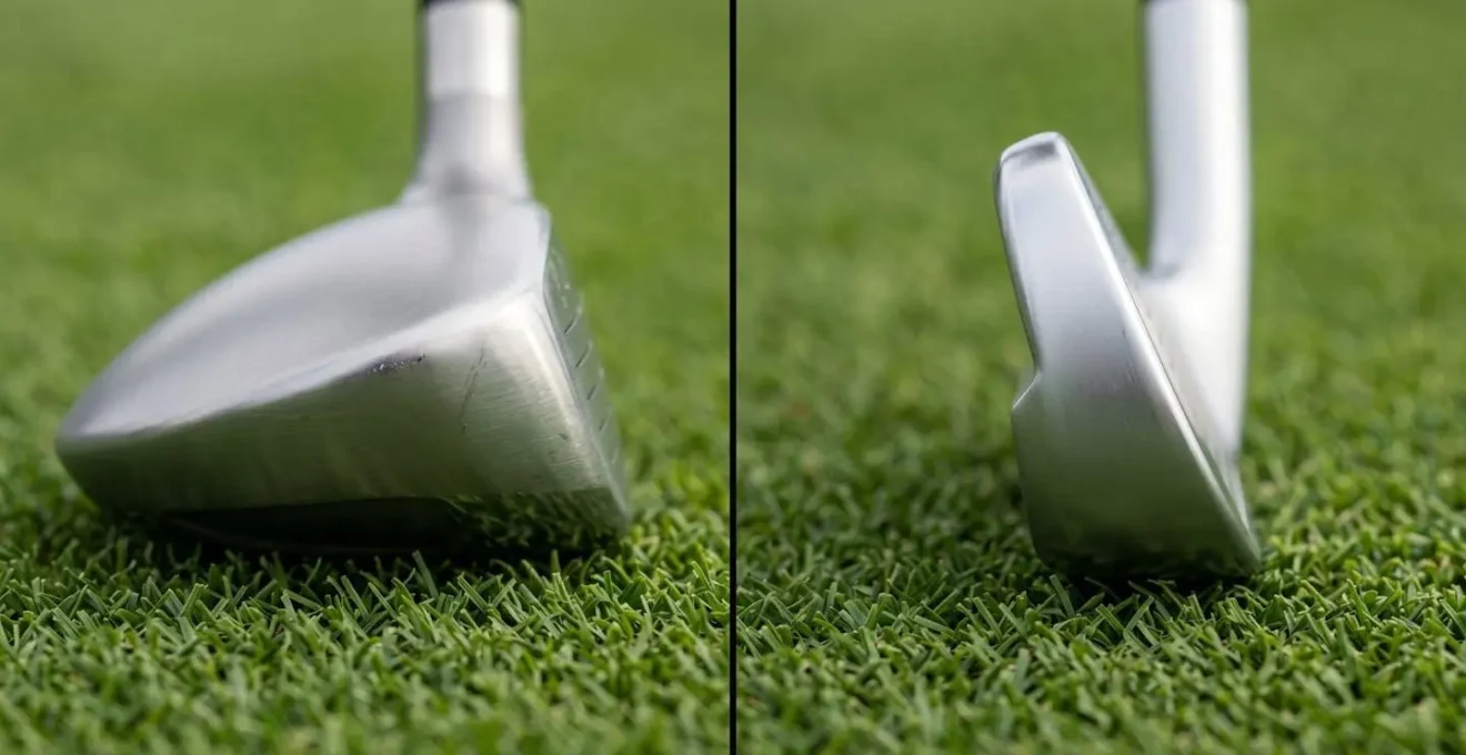 Side-by-side comparison of 7-wood and utility iron sole designs on tight turf