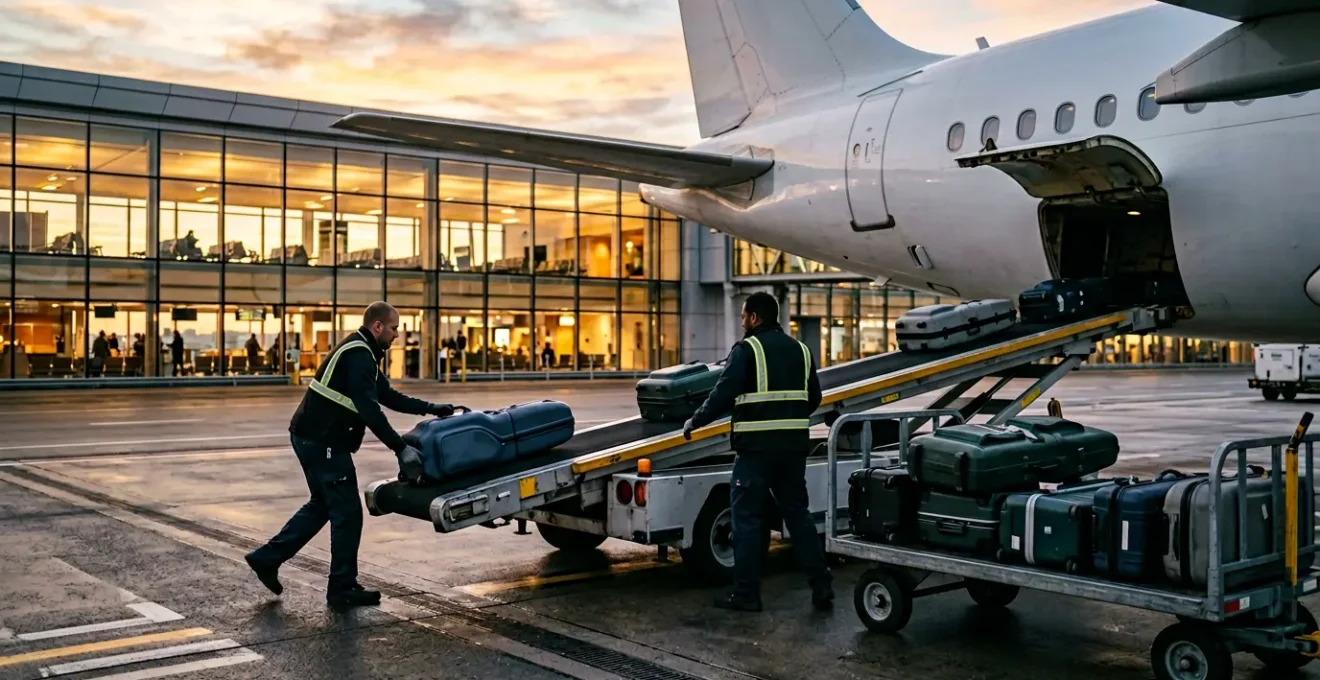Golf travel bags being loaded onto an airplane cargo hold with handlers carefully placing hard-shell cases