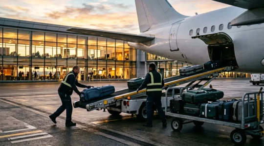 Golf travel bags being loaded onto an airplane cargo hold with handlers carefully placing hard-shell cases