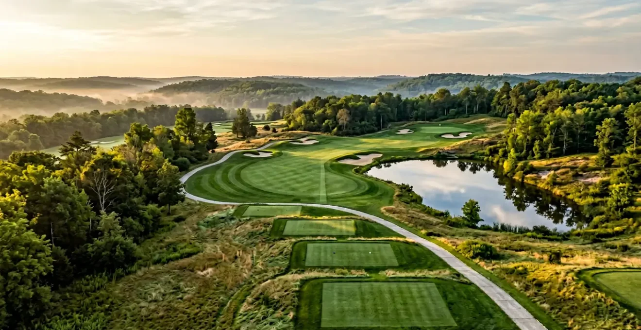 Aerial view of golf course hole showing multiple tee box positions and strategic hazard placement