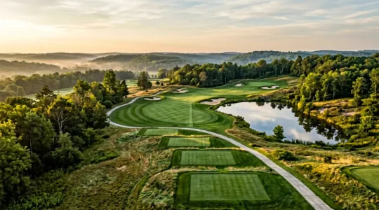 Aerial view of golf course hole showing multiple tee box positions and strategic hazard placement