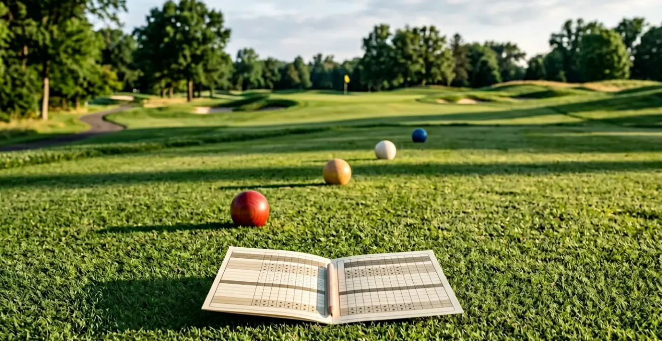Golf course scorecard and tee markers showing different difficulty ratings for handicap calculation