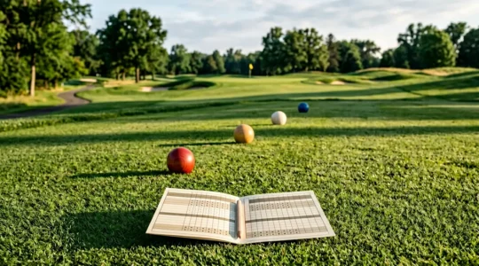 Golf course scorecard and tee markers showing different difficulty ratings for handicap calculation